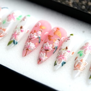 Secret Garden Floral Press On Nails – Hand-Painted 3D Stiletto Nails, Kawaii Japanese Style V134