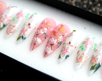 Secret Garden Floral Press On Nails – Hand-Painted 3D Stiletto Nails, Kawaii Japanese Style V134