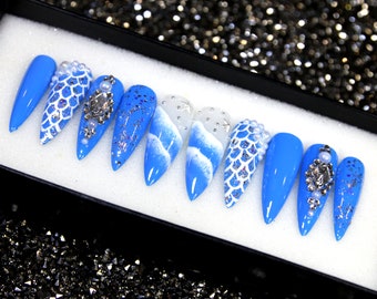 Beach Walk 3D Nails | Blue Summer Press on Nails | Beach Long Coffin Glue On Nails | Glitter Fake Nails V61