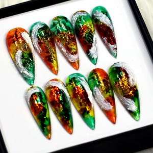 Trendy Gem Mix Press On Nails | Marble 3D Fake Nails | Y2K Long Stiletto Glue On Nails | Elegant Winter Nails V217