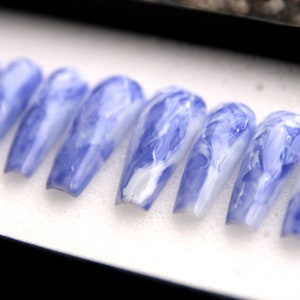 Royal Blue Press On Nails - Marble Glue on Coffin Nails V131