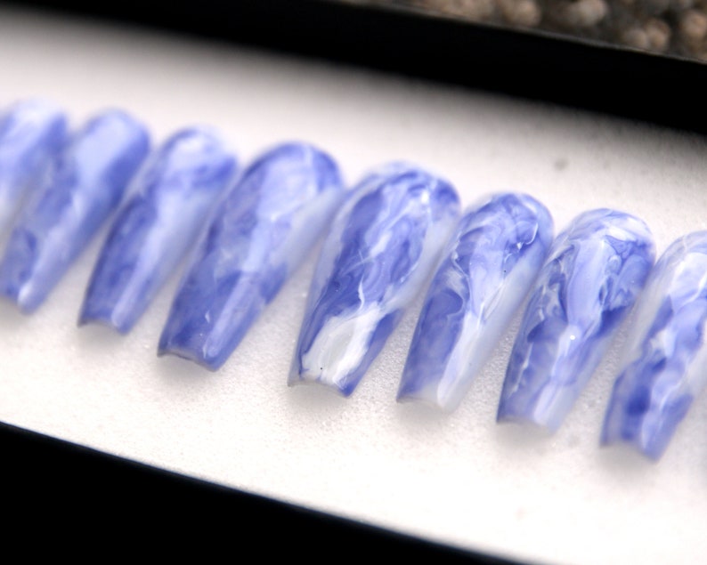 Royal Blue Press On Nails Marble Glue on Coffin Nails V131 image 1