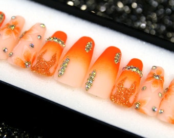 Tangerine Glitter Press On Nails: 3D Orange Abstract False Nails