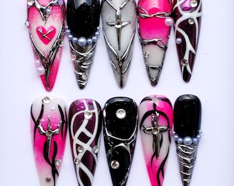 Royal Darkness Press On | 3D Goth Gothic Purple and Black Fake Nails V306