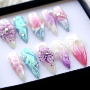 Handmade 3D Flower Press On Nails: Aurora Silver Stiletto Y2K Set