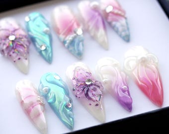 Handmade 3D Flower Press On Nails: Aurora Silver Stiletto Y2K Set
