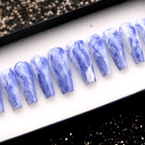 Royal Blue Press On Nails Marble Glue on Coffin Nails V131 image 4