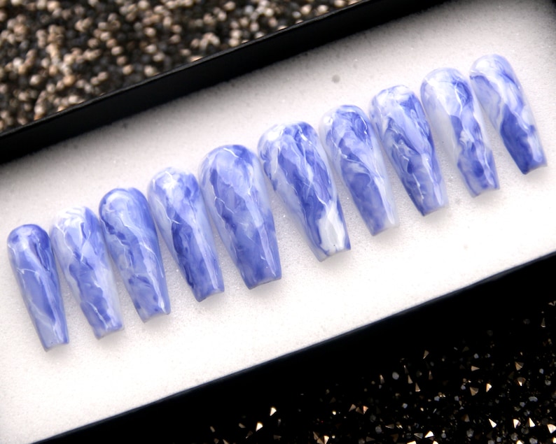 Royal Blue Press On Nails Marble Glue on Coffin Nails V131 image 4