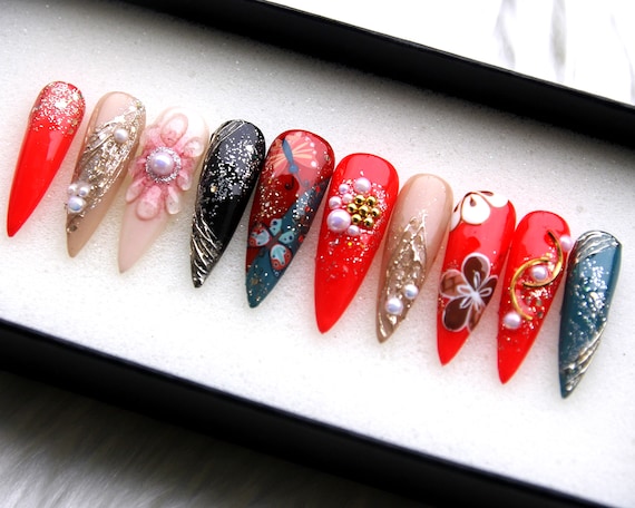 Japanese Spring Flower Press On Nails: Red Glitter Stiletto Nails V182