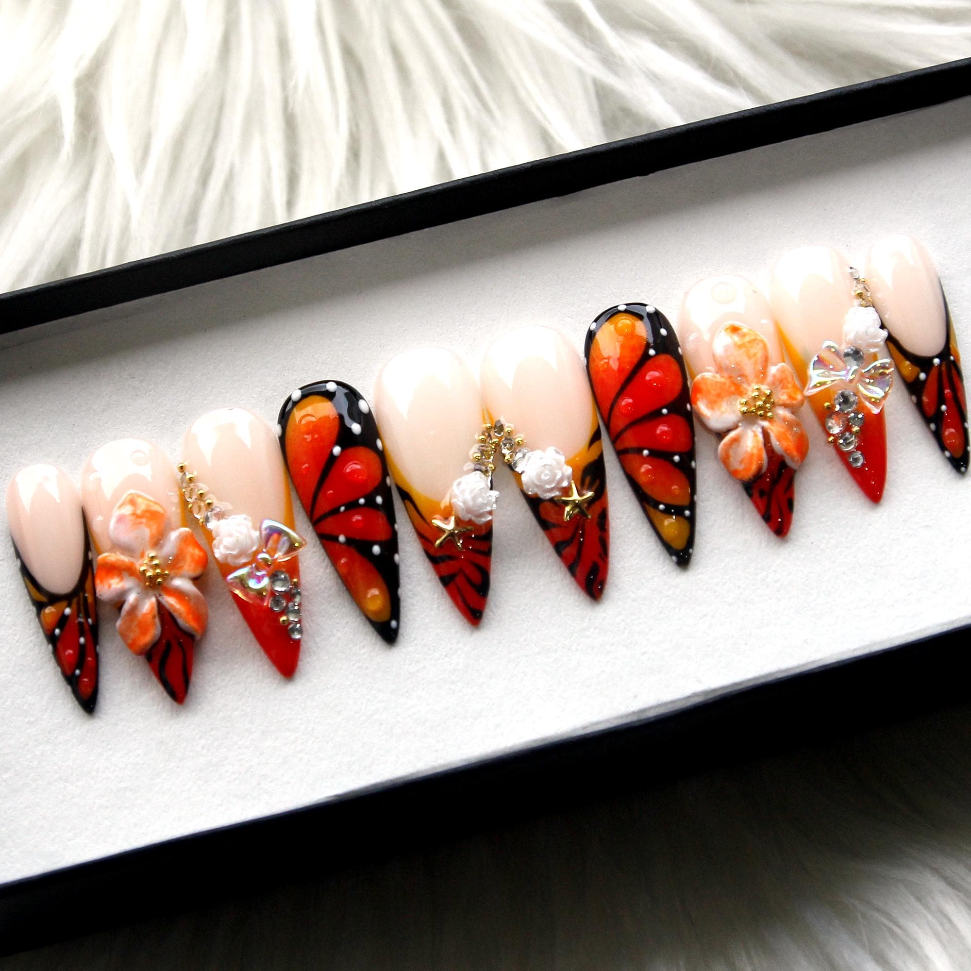 Burnt Orange 3D Press On Nails | Tea Drops Pearl Reusable Fake Nails V273
