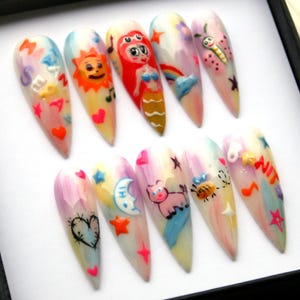 Mix and Match Aesthetics Nail Press On Nails | Colorful Color Mix Stiletto Y2K Fake Nails | Rainbow Spring False Nails | Reusable Nails V240