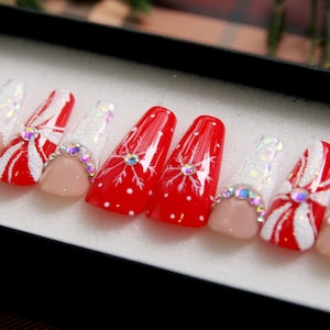 Christmas Gift Press On Nails | Coffin Nails Luxury | Long Glue On Nails | Red Glitter Short Nails | Luxury Stiletto Nail Set V92