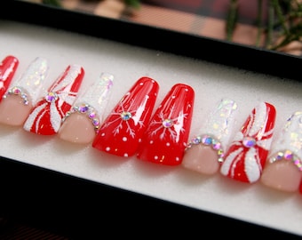 Christmas Press On Nails: Red Glitter Snowflake Luxury Coffin Nails