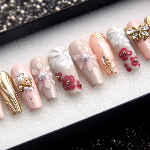 Dreamy Garden Press On Nails | Fake Nails | Japanese Coffin Nails | Holiday Nails | 3D Glue Nails V145