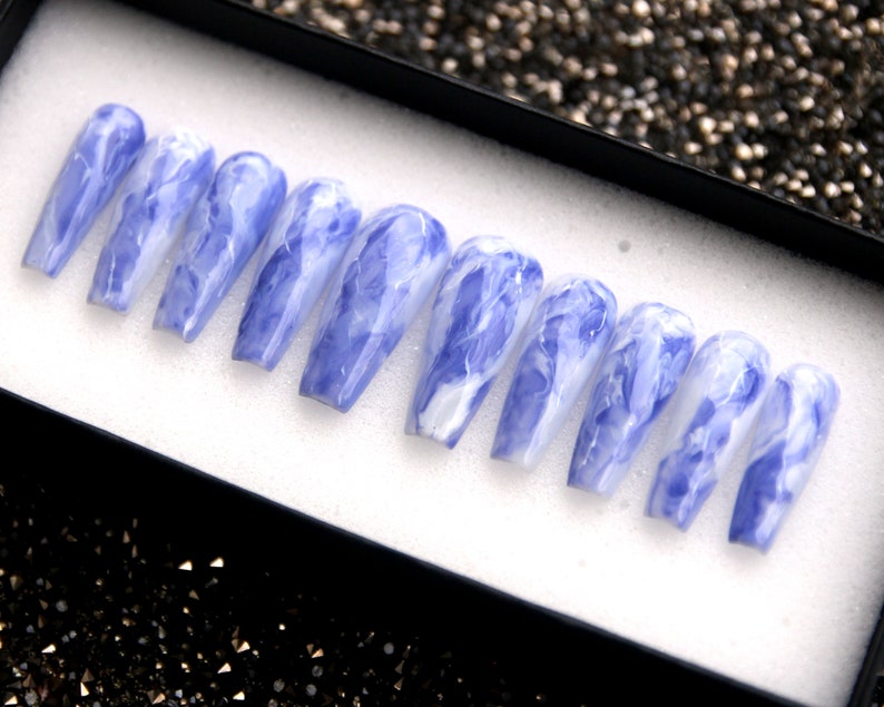 Royal Blue Press On Nails Marble Glue on Coffin Nails V131 image 3