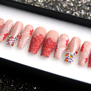 The Red Autumn Press On Nails - Handmade Coffin Fake Nails V151