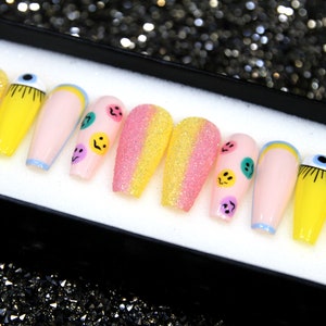 Naughty Sparkle Glue On Nails | Y2K Summer Kawaii Stiletto Nails | Hand Painted Yellow Fake Nails V29