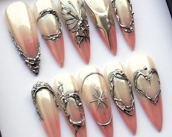Handmade Silver Chrome Press On Nails: 3D Stiletto Gothic Style