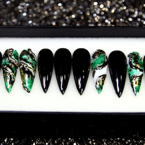 Maleficent Black Fake Nails With Crystal | Glue On Nails | Fake Nails | Glue On Nails V15