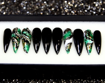 Maleficent Black Press On Nails with Green Marble and Crystals