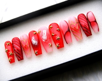 Hand-Painted Red Stiletto Press On Nails: Metallic Y2K Fake Nails