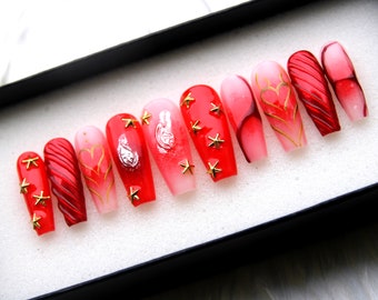 Eternal Love 3D Press On Nails | Hand-Painted Red Metallic Fake Nails | Y2K Stiletto Glue On Nails V181