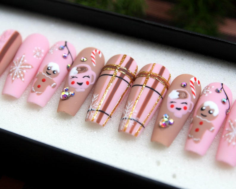 The Ginger Baby Christmas Press On Nails Xmas Coffin Nails Luxury Festival Glue On Nails Luxury Fake Nail Set False Nail V106 image 4