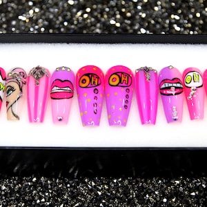 Cherry Kiss Press On Nails | Neon Pink 3D Glue On Nails | Salon Bridal Fake Nails | Glossy Gel X False Long Short Nails V72