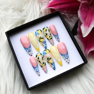 Amalfi Coast Lemon Press On Nails | Mediterranean Tile Stiletto Summer Nails V365