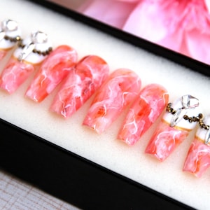 Marble Press On Nails: Beige Floral Bridal False Nails