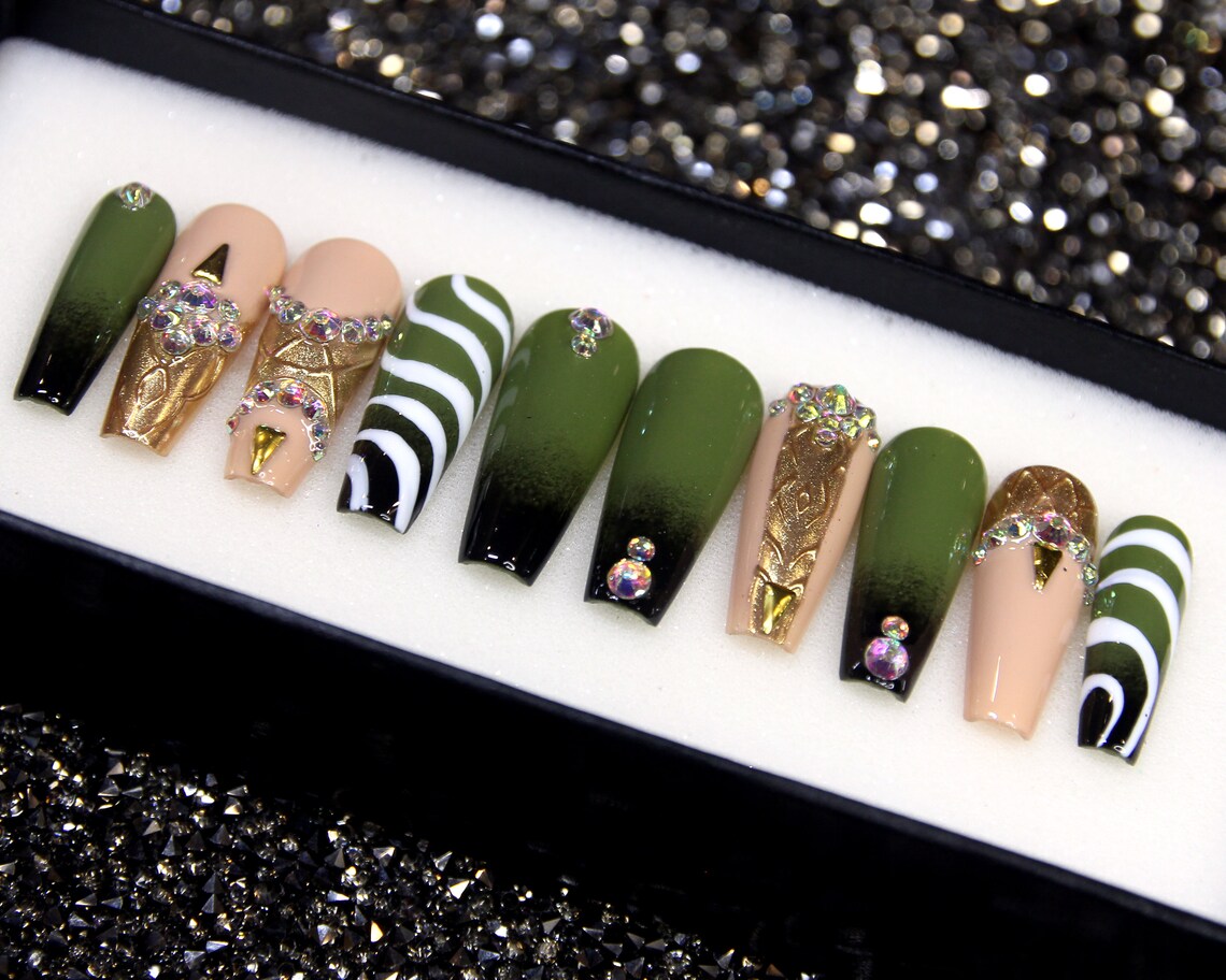 Camo Army Luxury Fake Nails Green Press on Nails Long - Etsy