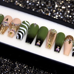 Camo Army Luxury 3D Fake Nails | Green Goth Press on Nails | Long Coffin Glue On Nails | Long Press On Nails V59