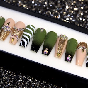 Camo Army Luxury 3D Fake Nails | Green Goth Press on Nails | Long Coffin Glue On Nails | Long Press On Nails V59