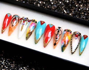 Egypt Rainbow Y2K Press On Nails | French Stiletto Nails Luxury | Festival Glue On Nails | Luxury Fake Nail Set | False Nail V107