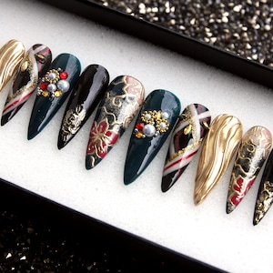 Japanese Floral Press On Nails | Fake Nails | Crystal Coffin Y2K Nails | Festive Nails | Luxury Glue Nails V153