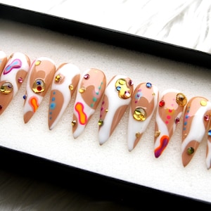 The Gem Abstract Press On Nails - Handmade Cheese Pattern Stiletto Y2K Fake Nails - Bridal Wedding 3D False Nails V190
