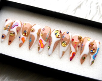 The Gem Abstract Press On Nails - Handmade Cheese Pattern Stiletto Y2K Fake Nails - Bridal Wedding 3D False Nails V190