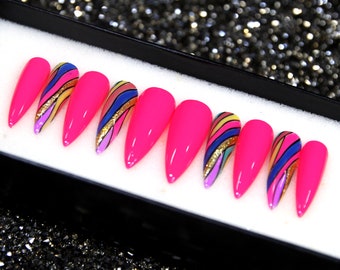 Pink Stiletto Press On Nails: Neon Crystal Glitter Accents