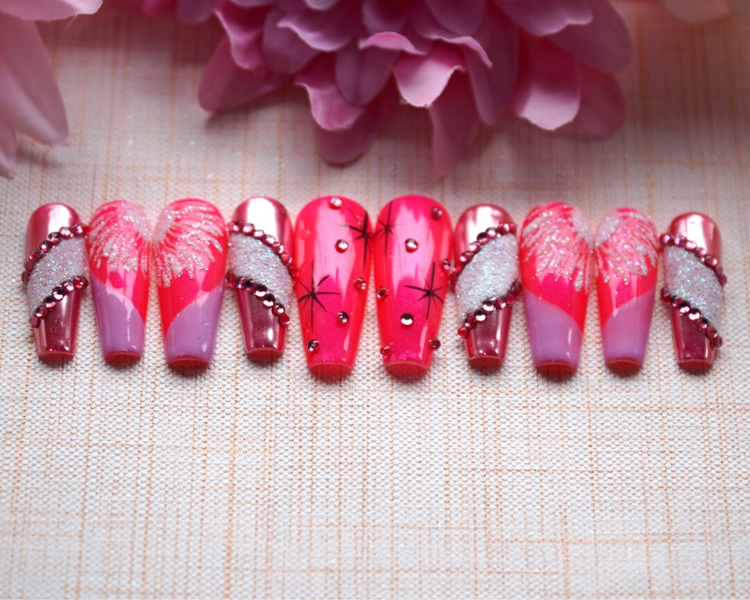 Love Blooms Glue on Nails Valentine Nails Press on Nails Glitter Pink