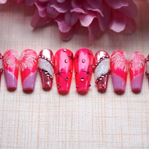 Valentine Press On Nails: Glitter Pink Crystal Luxury False Nails