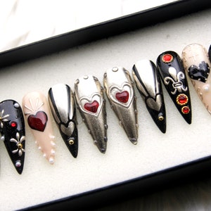 Heart Dark Red 3D Goth Gothic Nails - Handmade 3D Stiletto Fake Nails - Y2K Silver Mirror Coated Matallic Press On Nails V183