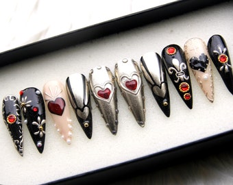 Heart Dark Red 3D Goth Gothic Nails - Handmade 3D Stiletto Fake Nails - Y2K Silver Mirror Coated Matallic Press On Nails V183