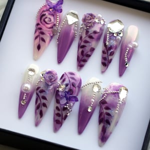 Lavender Rose Press On Nails: Handmade Floral Stiletto False Nails