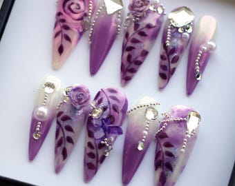 Lavender Rose Press On Nails: Handmade Floral Stiletto False Nails