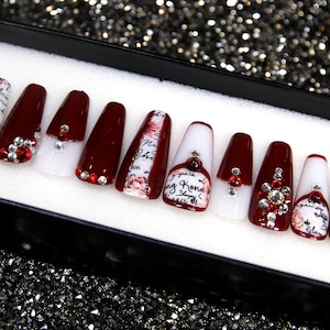 Red Valentine Y2K Press on Nails | Fake Nails | Long Coffin Nails | Glue on Short Nails V54