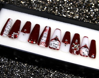 レッドバレンタイン プレスオンネイル：Y2K 棺桶スタイル、ラインストーンアクセント V54