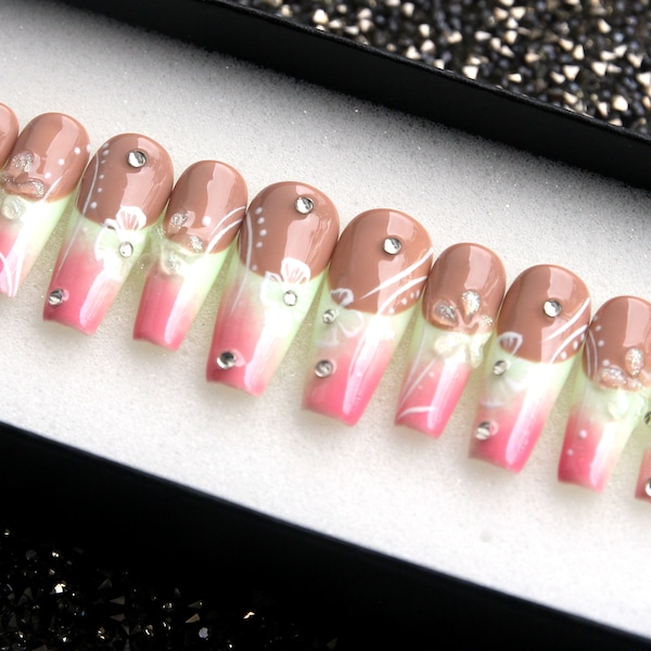 Sweet Sunny Kawaii Press On Nails - Handmade Coffin Glue On Fake Nails - Floral Nais V154