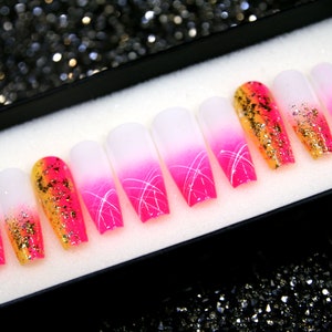 Neon Pink Glitter Nails | Fake Nails With Crystal | Press on Nails | Ombre Neon Long Coffin Nails V31