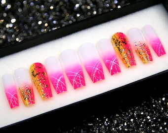 Ongles à presser rose fluo ombré : longs clous de cercueil en cristal scintillant