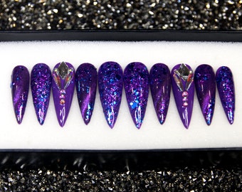 Sterne unter dem Ozean Drücken Sie auf die Nägel | Ombre lila falsche lange Nägel | Luxus Stiletto 3D Nagel Set | Elegantes Geschenk Fake Nägel Kurz V78
